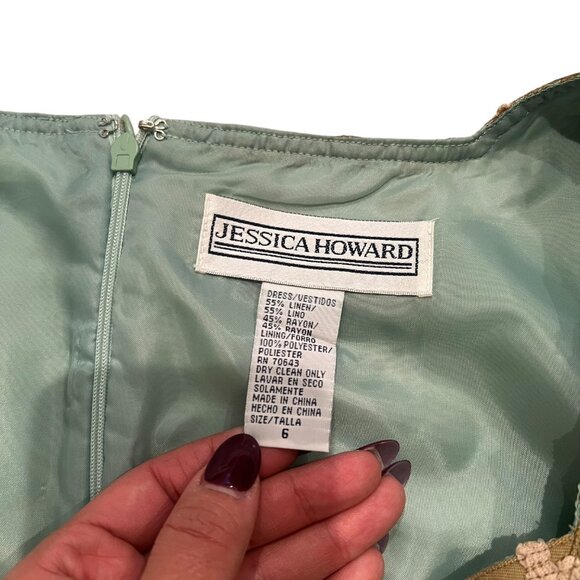 Vintage Jessica Howard Linen Blend Floral Bird‎ Print Midi Dress Aqua Size 6 - Picture 5 of 8